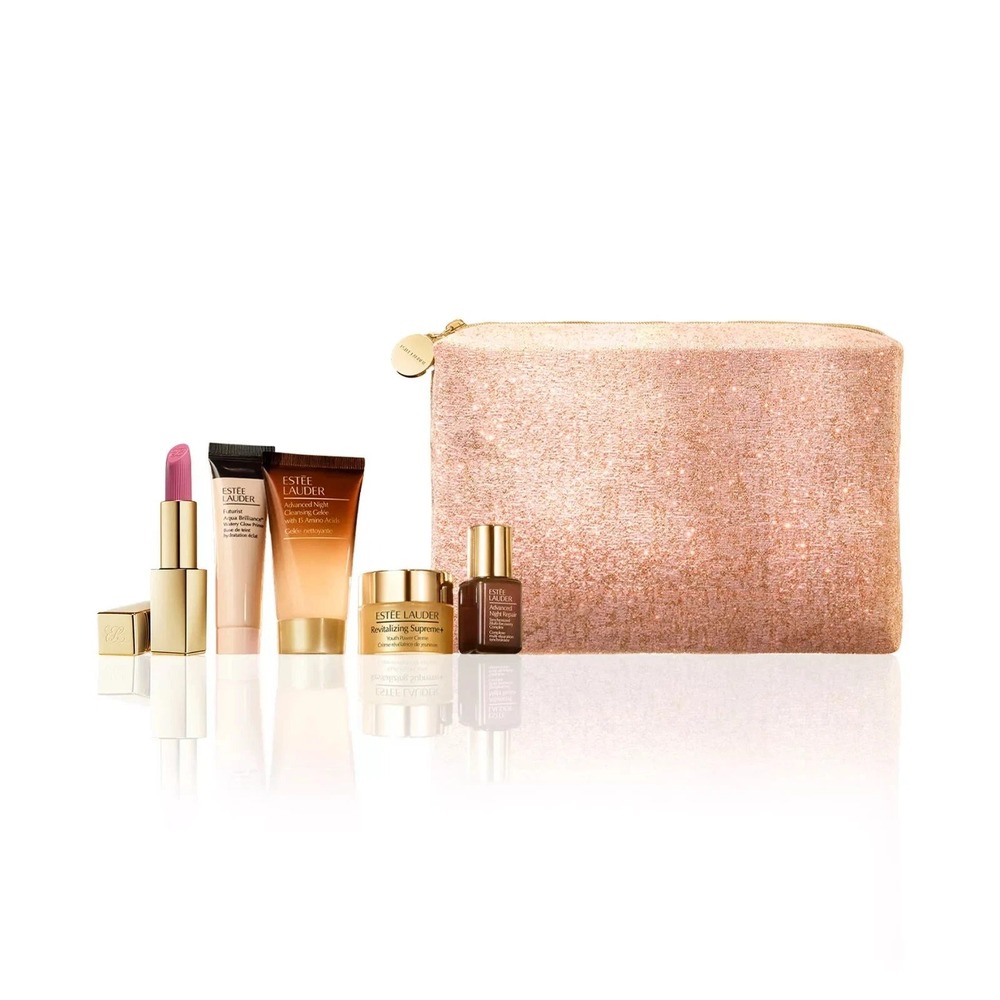 Estee Lauder 6pc Skincare Makeup Gift Set Advanced Night Repair Rose Gold Bag